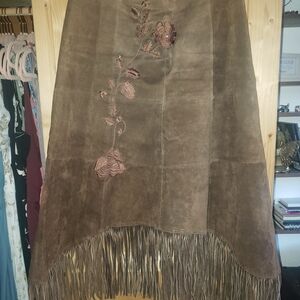 Brown Embroidered Midi Skirt with Fringe